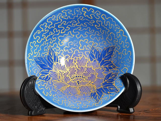 Japanese Sake Cup (Guinomi) - Blue Glaze with Gold Peony, Arita Ware