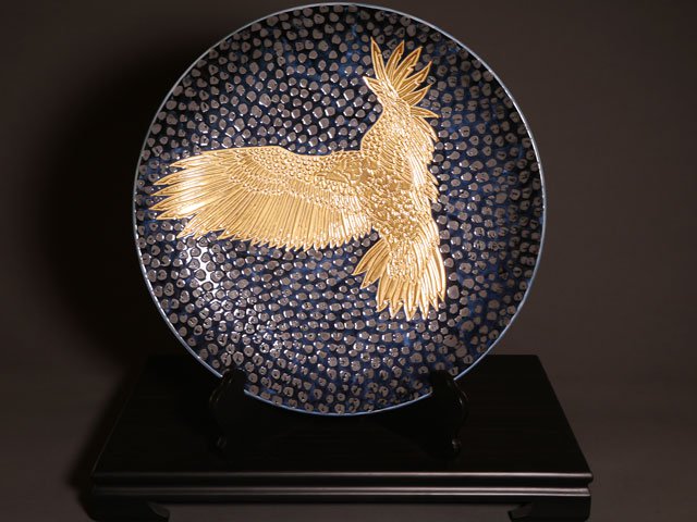 有田烧 大装饰画盘 - 天目金彩鹰图