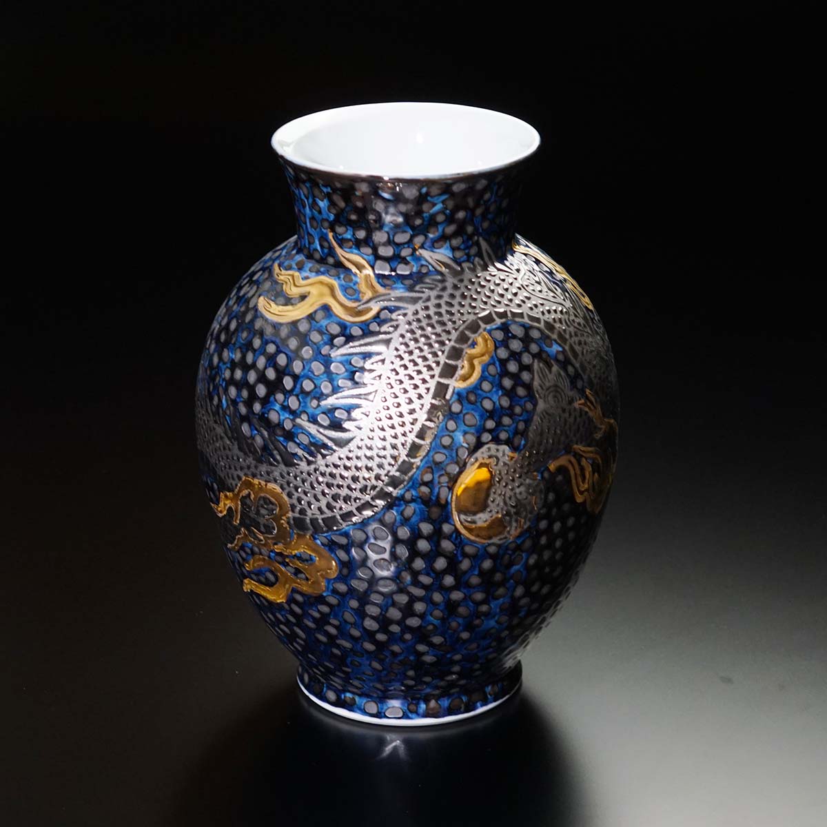 Arita Ware Decorative Jar - Dragon, Tenmoku with Gold & Platinum
