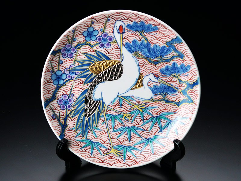 Arita Ware Decorative Plate - Shochikubai and Crane, Somenishiki