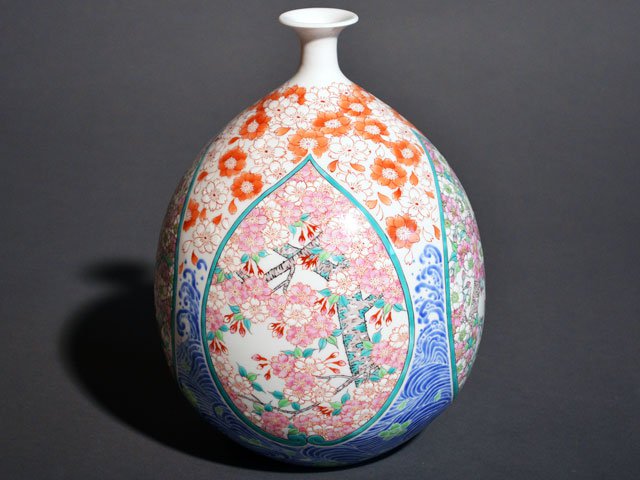 Arita Ware Large Vase - Iroe Cherry Blossoms and Seigaiha Waves, by Obata Yuji