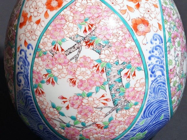 Arita Ware Large Vase - Iroe Cherry Blossoms and Seigaiha Waves, by Obata Yuji