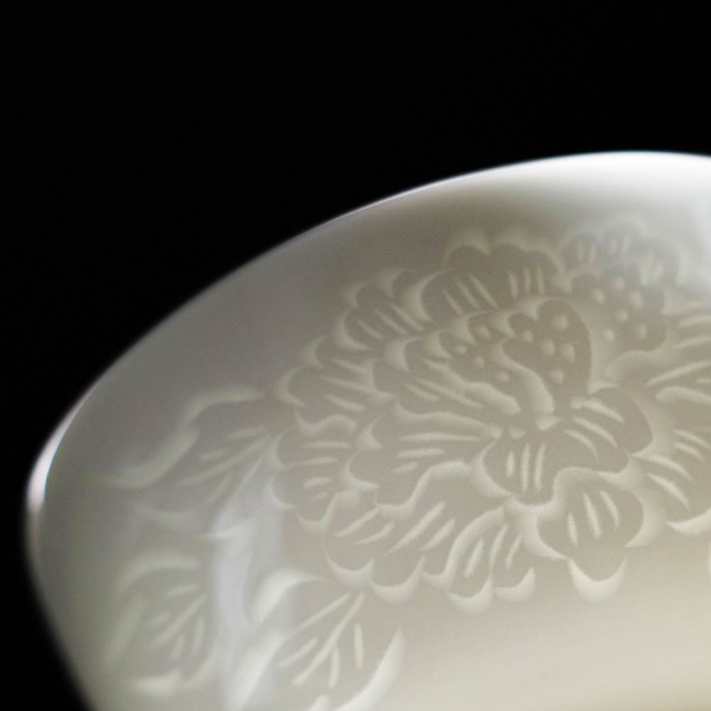 Japanese Rice Bowl - Hakuji Peony Porcelain, Hand Carved by Mikihiko Yamaguchi