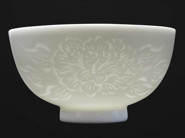 Japanese Rice Bowl - Hakuji Peony Porcelain, Hand Carved by Mikihiko Yamaguchi