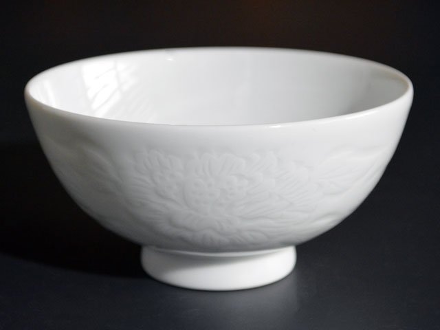 Japanese Rice Bowl - Hakuji Peony Porcelain, Hand Carved by Mikihiko Yamaguchi