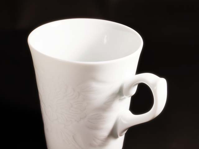 Pair of Coffee Mugs - Hakuji Peony Porcelain, Hand Carved by Mikihiko Yamaguchi