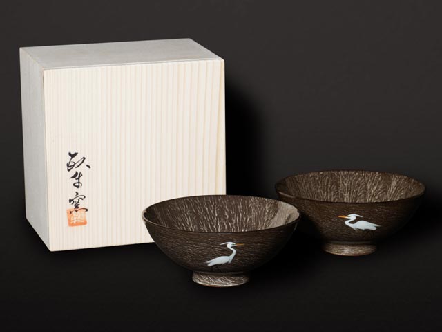 Gagyu Kiln Pair of Rice Bowls - Egret Design, Arita Ware