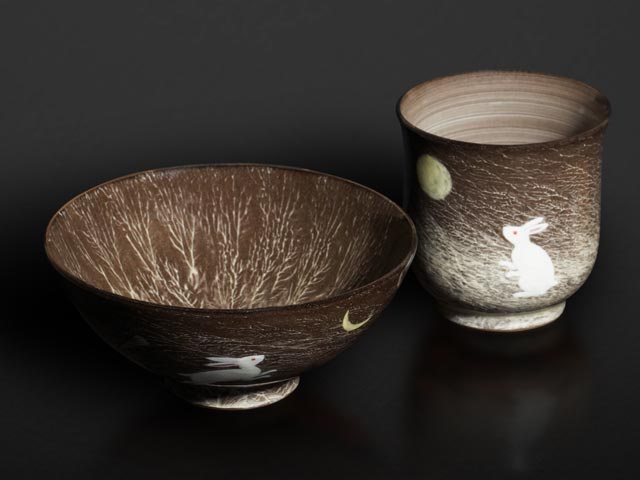 Ensemble Mutsuzoroi « lièvre de lune » – bols à riz et yunomi, four Gagyu