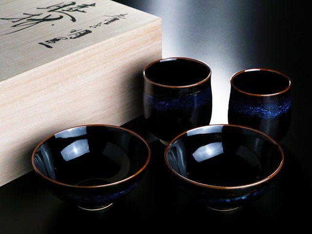 Mutsuzoroi Pair Set "Aoki-Myojo" - Rice Bowls and Yunomi, Shinemon Kiln