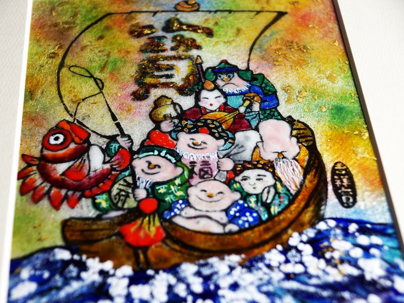 Sankougei, tableau en céramique encadré « Sept Divinités du Bonheur » – cloisonné de Kyoto