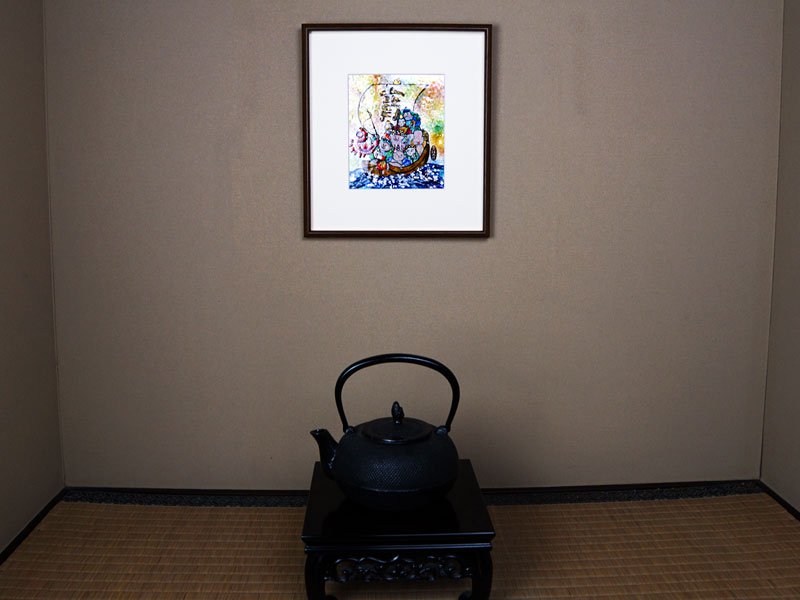 Sankougei, tableau en céramique encadré « Sept Divinités du Bonheur » – cloisonné de Kyoto