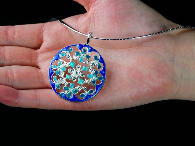 Sankougei, collier en argent (bleu) – cloisonné de Kyoto