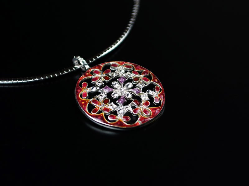 Sankougei, collier en argent (rouge) – cloisonné de Kyoto