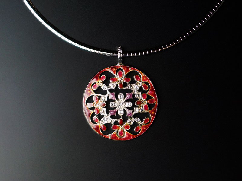 Sankougei, collier en argent (rouge) – cloisonné de Kyoto