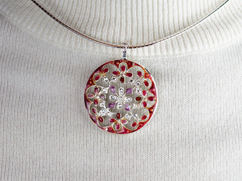 Sankougei, collier en argent (rouge) – cloisonné de Kyoto