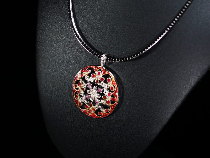 Sankougei, collier en argent (rouge) – cloisonné de Kyoto