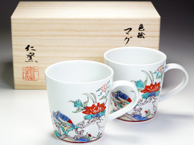 仁窑马克杯对装 - 色绘梅花与小鸟,有田烧
