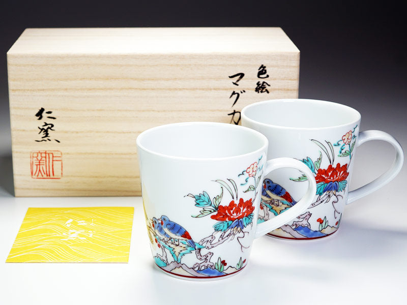 仁窑马克杯对装 - 色绘梅花与小鸟,有田烧