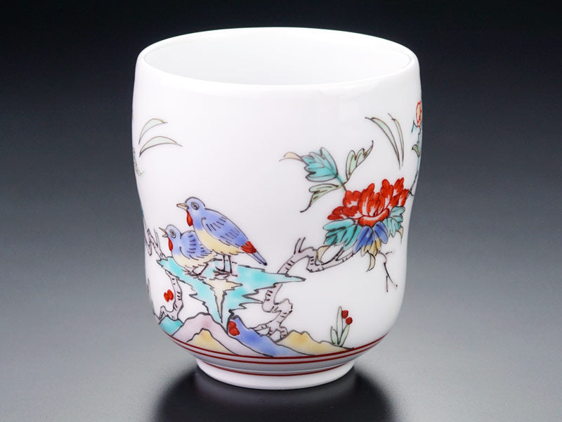 Arita Ware Pair of Yunomi Japanese Teacups - Iroe Bird and Flower Design