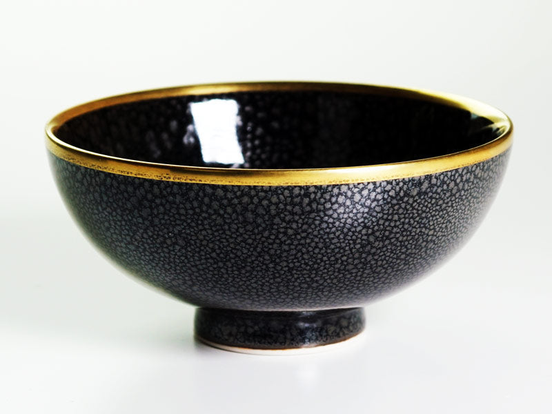 Shinemon Kiln Japanese Rice Bowl - Silver Yuteki Tenmoku, Gold Decoration