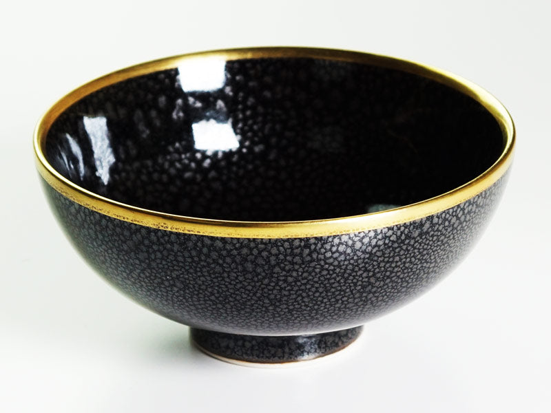 Shinemon Kiln Japanese Rice Bowl - Silver Yuteki Tenmoku, Gold Decoration