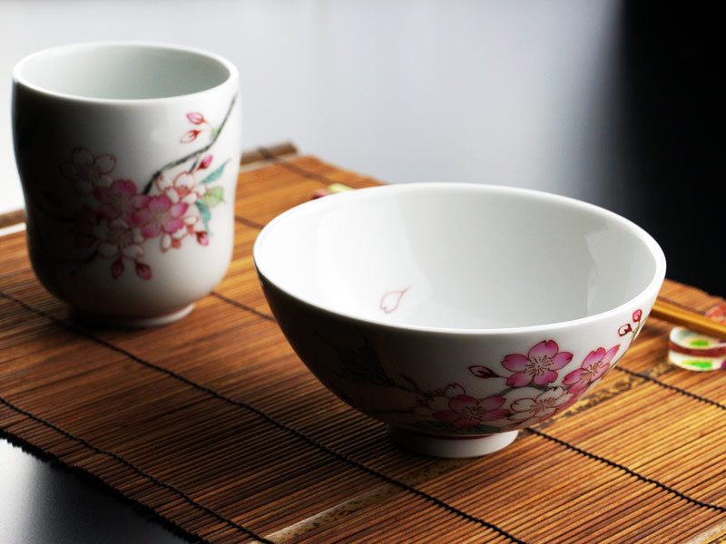 Jin Kiln Rice Bowl and Yunomi Set - Iroe Cherry Blossoms, Arita Ware
