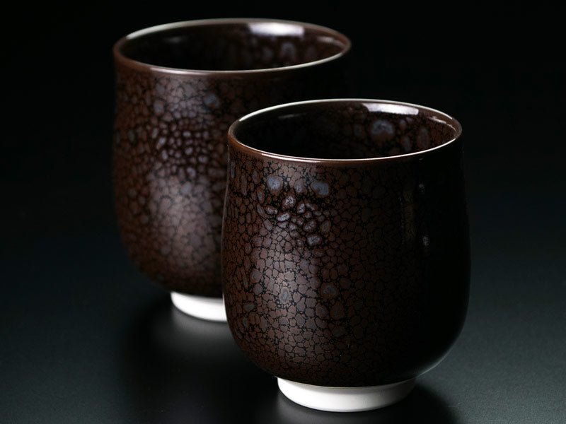 Shinemon Kiln Pair of Yunomi Japanese Teacups "Ryurin Yuteki Tenmoku"