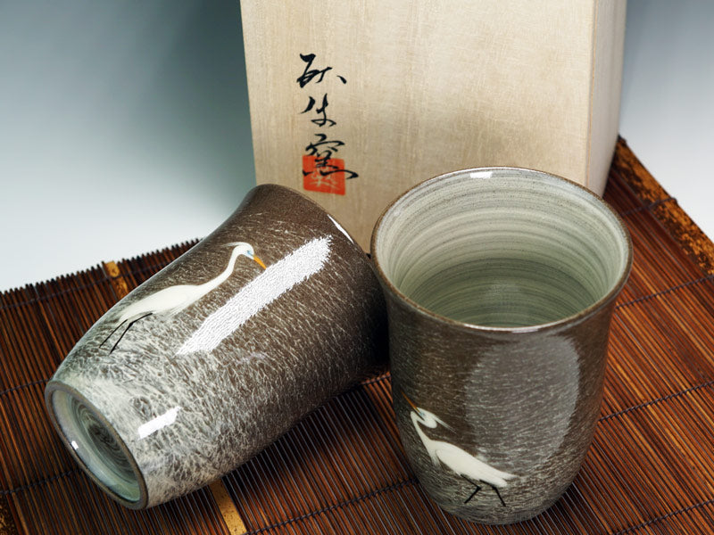 卧牛窑日式威士忌杯对装 - 白鹭图,有田烧