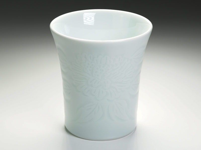 Japanese Whisky Glass - Hakuji Peony Porcelain, Hand Carved by Mikihiko Yamaguchi