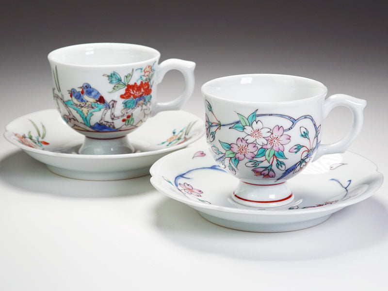 Arita Ware Pair Coffee Cups - Cherry Blossoms and Birds, Iroe Kissho Design