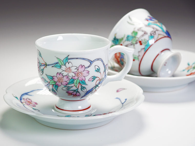 Arita Ware Pair Coffee Cups - Cherry Blossoms and Birds, Iroe Kissho Design