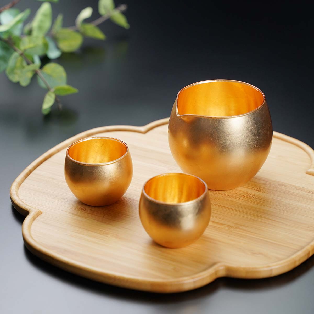 山中漆器 -【喜箔玻璃】日式酒具套装 全面金箔
