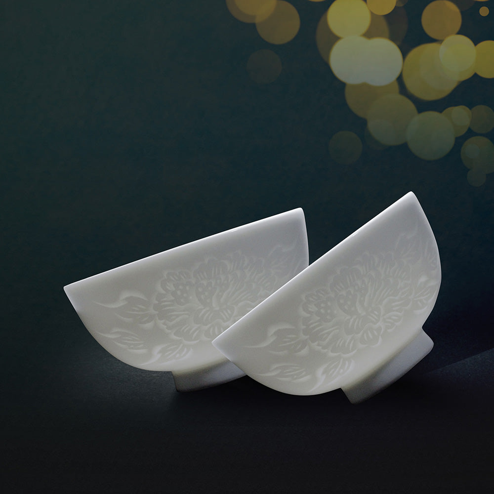 Japanese Pair Rice Bowls - Hakuji Peony Porcelain, Hand Carved by Mikihiko Yamaguchi