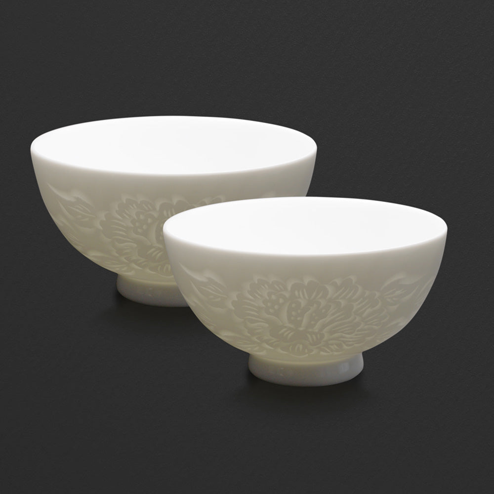 Japanese Pair Rice Bowls - Hakuji Peony Porcelain, Hand Carved by Mikihiko Yamaguchi