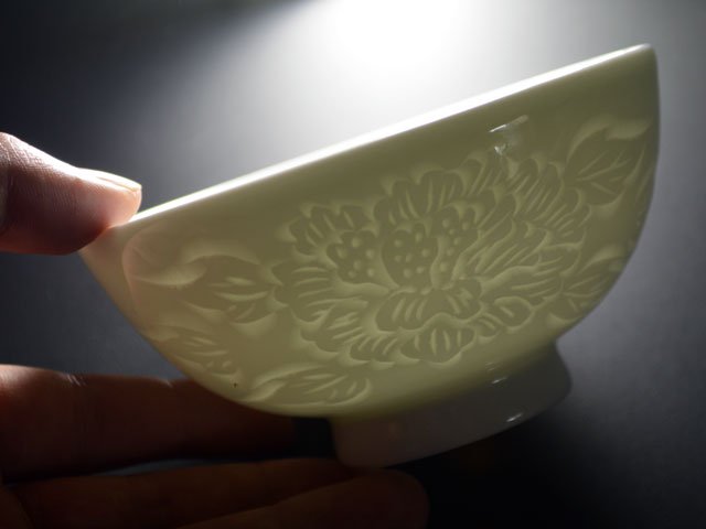 Japanese Pair Rice Bowls - Hakuji Peony Porcelain, Hand Carved by Mikihiko Yamaguchi