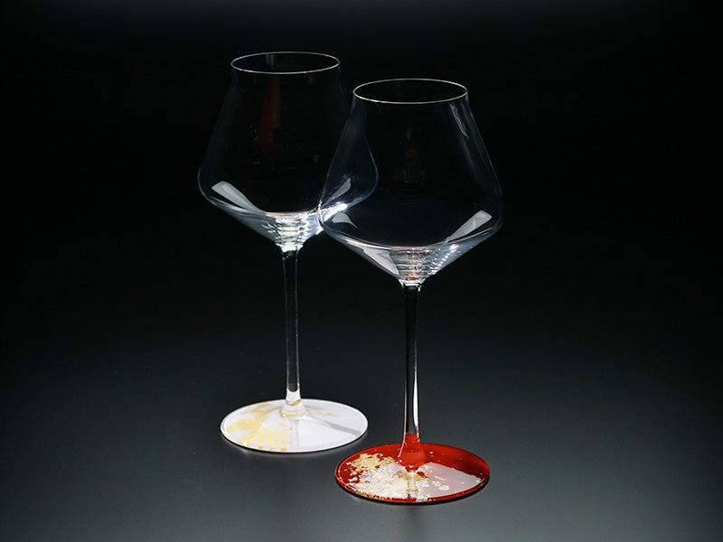 Kishu Lacquerware Red & White Pair Wine Glasses - Gold & Silver Leaf Design