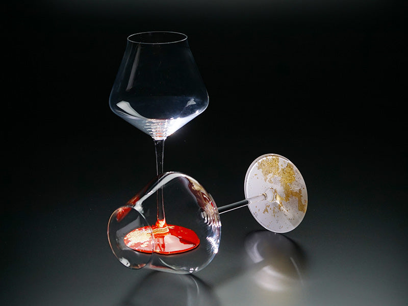 Kishu Lacquerware Red & White Pair Wine Glasses - Gold & Silver Leaf Design