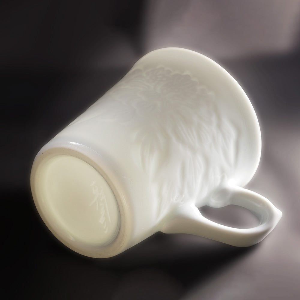 Coffee Mug - Hakuji Peony Porcelain, Hand Carved by Mikihiko Yamaguchi
