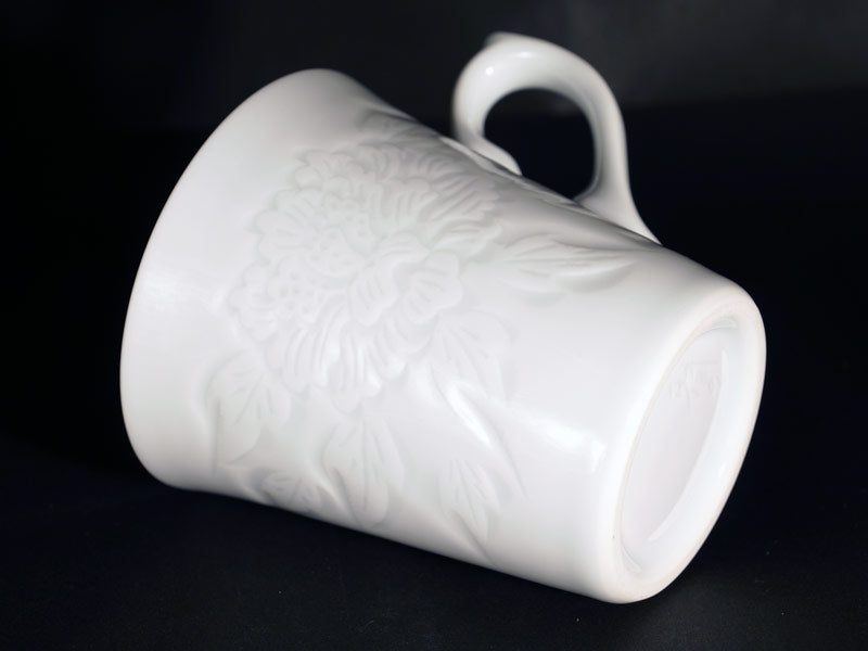 Coffee Mug - Hakuji Peony Porcelain, Hand Carved by Mikihiko Yamaguchi