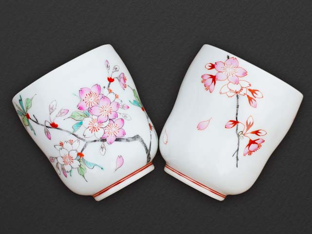 Arita Ware Cherry Blossoms Pair Japanese Tea Cups - Hand Written by Obata Yuji