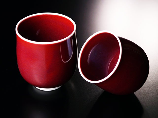 Paire couple tasse à thé Arita ware Yohen cinabre