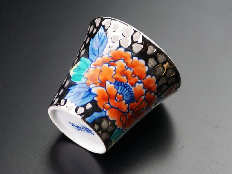 Japanese Sake Cup (Guinomi) - Somenishiki Platinum Peony, Arita Ware