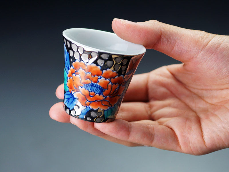 Japanese Sake Cup (Guinomi) - Somenishiki Platinum Peony, Arita Ware
