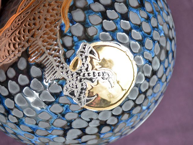 Arita Ware Round Decorative Vase - Dragon, Tenmoku with Gold & Platinum