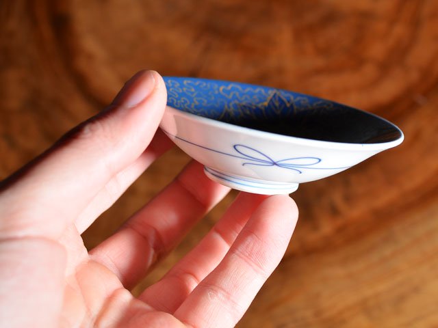 Japanese Sake Cup (Guinomi) - Blue Glaze with Gold Peony, Arita Ware