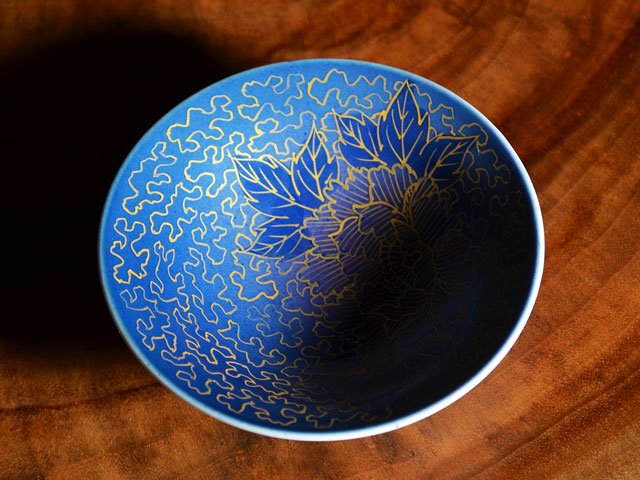 Japanese Sake Cup (Guinomi) - Blue Glaze with Gold Peony, Arita Ware