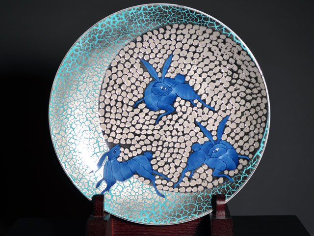 Arita Ware Large Decorative Plate - Rabbit, Somenishiki with Platinum