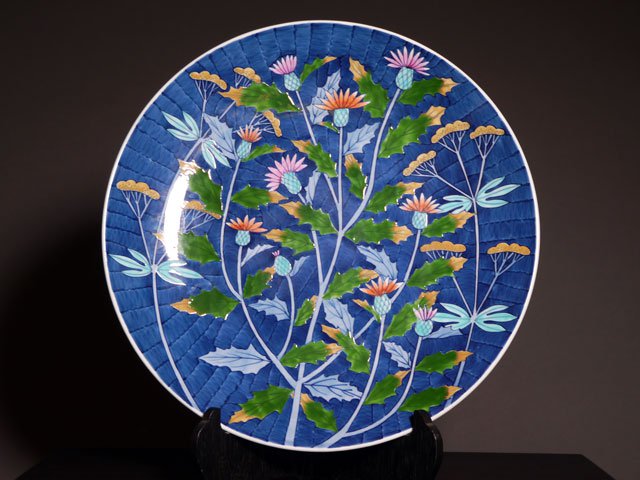 Arita Ware Large Decorative Plate - Thistle, Somenishiki