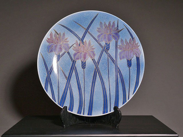 Arita Ware Large Decorative Plate - Iris, Somenishiki with Gold