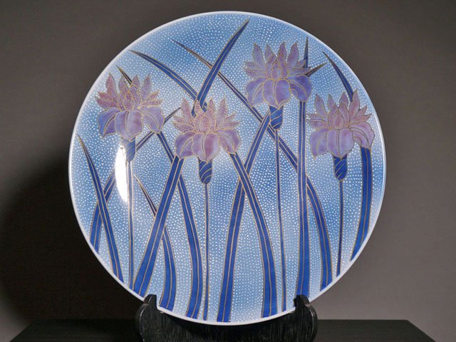 Arita Ware Large Decorative Plate - Iris, Somenishiki with Gold